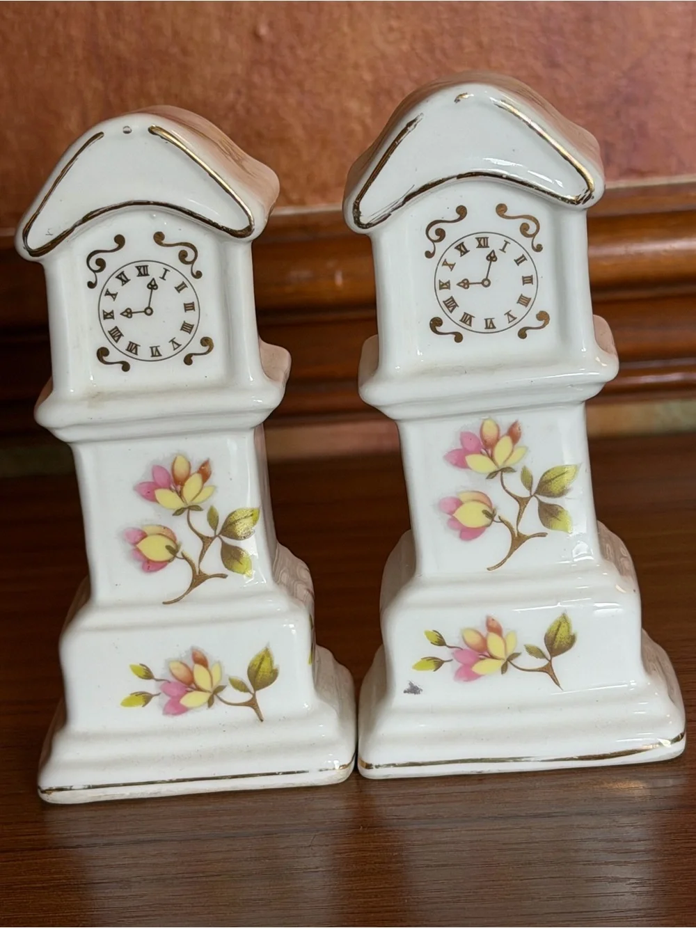 Pair Vintage Miniature Grandfather Clock Porcelain Figurines Floral Taiwan Set 2